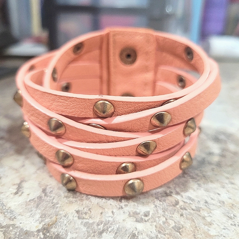 Pink Studded Leather Cuff Woven Style with Snap Buttons
